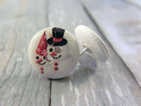 Preview: Holz Knopf Ohrstecker Schneemann Winter Schnee
